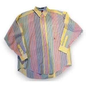 Vtg Tommy Hilfiger Pastel Stripe Button Down Shirt-Large-Colorblock-Crest-1990s